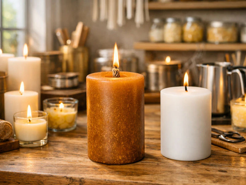 Bougie médiévale artisanale avec mèche en coton tressé dans un atelier de cirier moderne et lumineux, entourée de plusieurs bougies.
